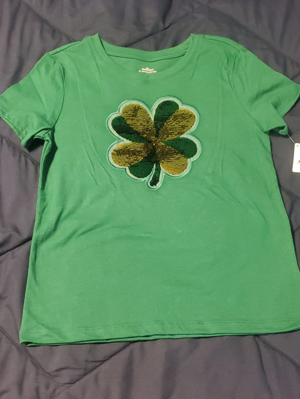 Celebrate It Green Short-Sleeve Tee with Gold & Dark Green Sequin Clover